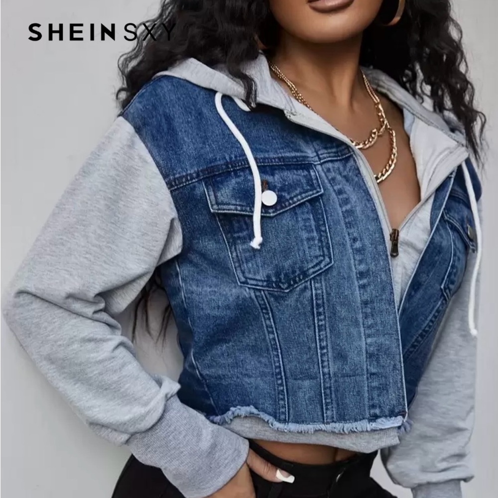 SHEIN Denim and Gray Cropped Hoodie Jacket